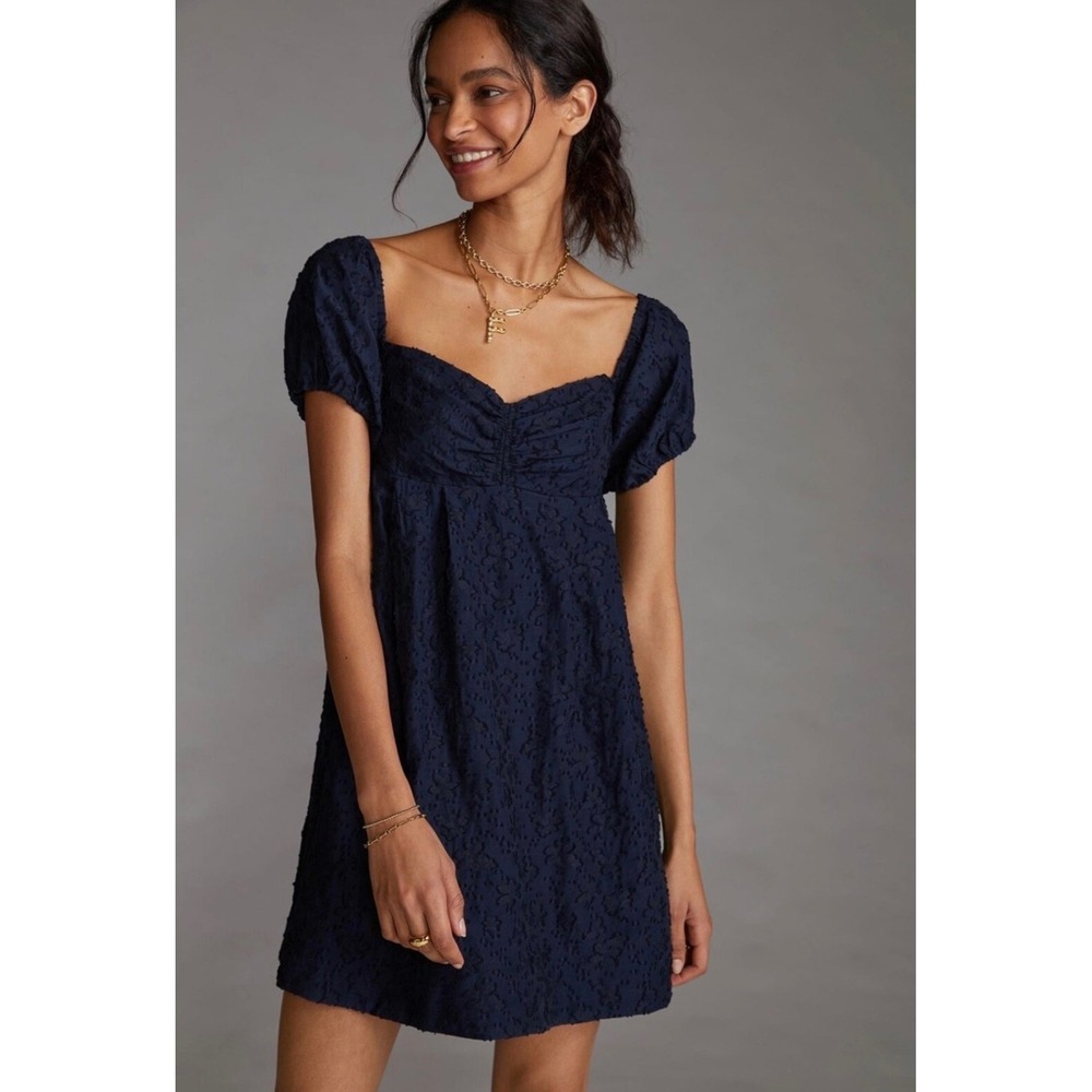 D1 Anthropologie Somerset Mini Dress Navy Blue Floral Puff Sleeve Smocked Back M